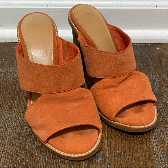 UGG Celia Orange Suede Sandals Size 7M Stacked Heel Mules - Picture 10 of 10
